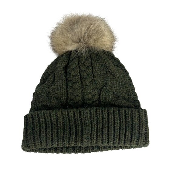 Pendleton Green Cable Knit Hat with Faux Fur Pom Pom – One Size - Picture 1 of 7